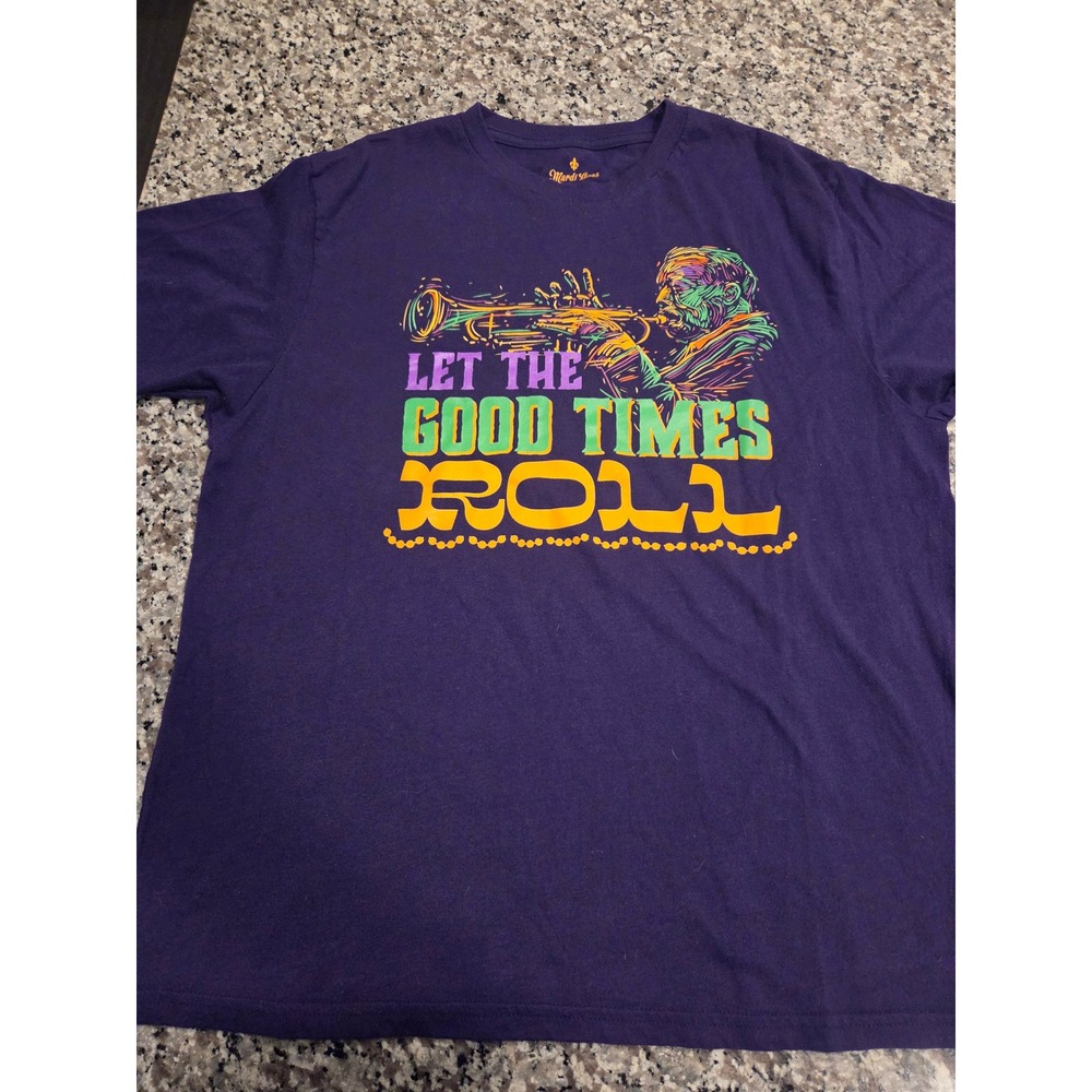 Mardi Gras Let The Good Times‎ Roll Purple Graphic Tee Mens Large Trumpet Jazz